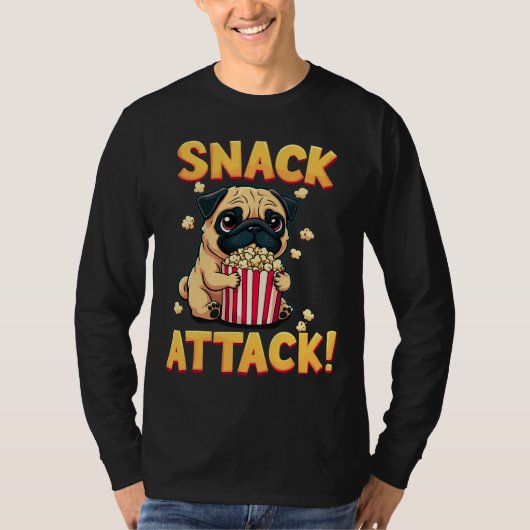 Snack Attack - Pug met Popcorn Cartoon T-shirt (Voorkant)