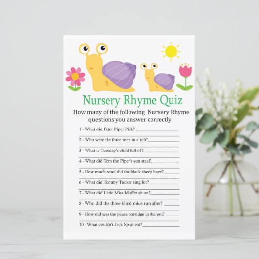 Snail Nursery Rhyme Quiz baby shower game (Staand voorkant)