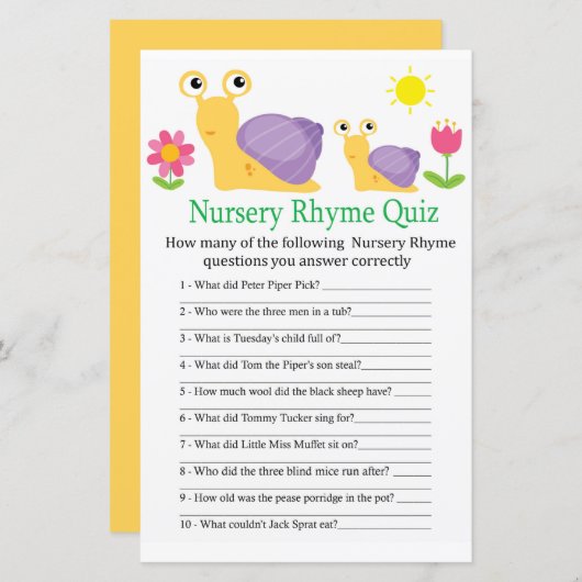 Snail Nursery Rhyme Quiz baby shower game (Voorkant / Achterkant)