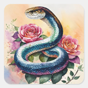 Snake Bloemen Waterverf Kunst Vierkante Sticker