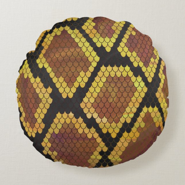 Snake Brown and Gold Print Rond Kussen (Voorkant)