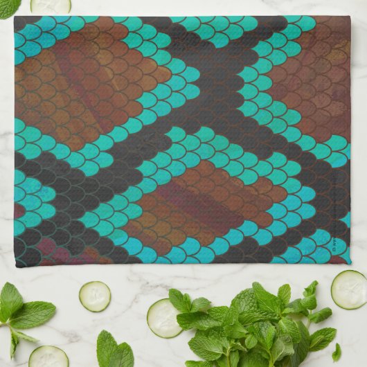 Snake Brown en Blauwgroen Print Theedoek (Gevouwen)