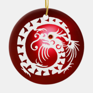 SNAKE DRAGON Black en White Red Ruby Keramisch Ornament