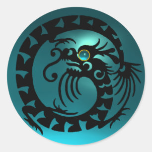 SNAKE DRAGON, zwart, aquamarineblauw Ronde Sticker