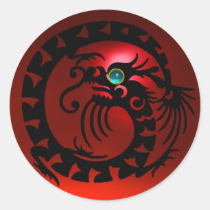 SNAKE DRAGON, zwart, rood, aquamarineblauw Ronde Sticker