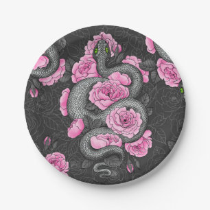 Snakes and pink roses papieren bordje