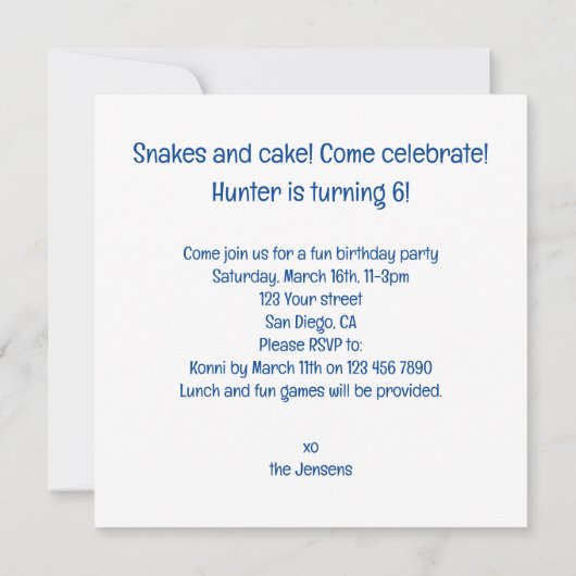 Snakes mangeant gâteau invitation anniversaire, re (Dos)