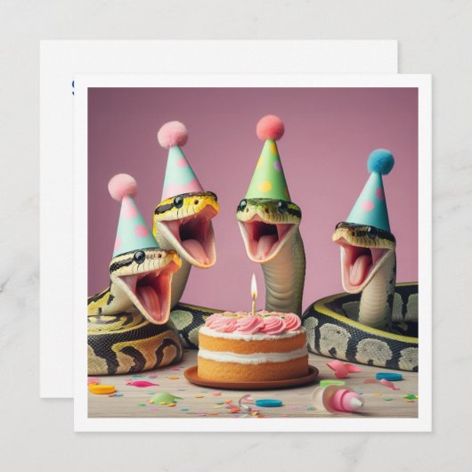 Snakes mangeant gâteau invitation anniversaire, re (Devant / Derrière)