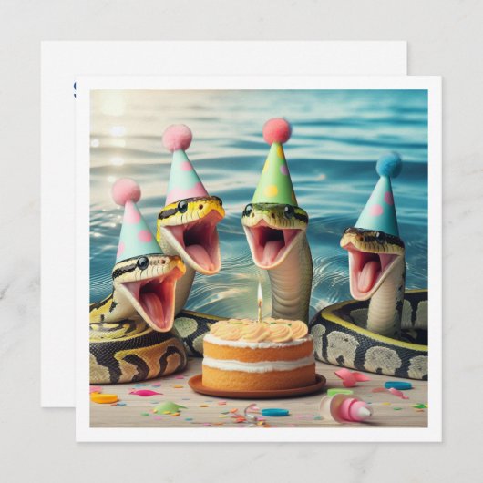 Snakes mangeant gâteau invitation anniversaire, re (Devant / Derrière)