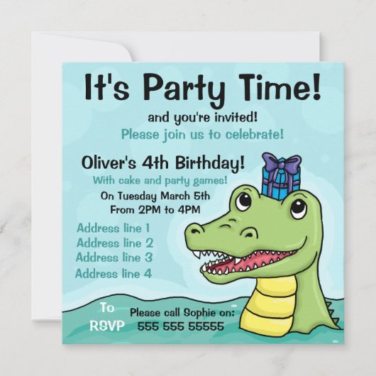 Snappy Birthday Crocodile Birthday Uitnodiging (Voorkant)