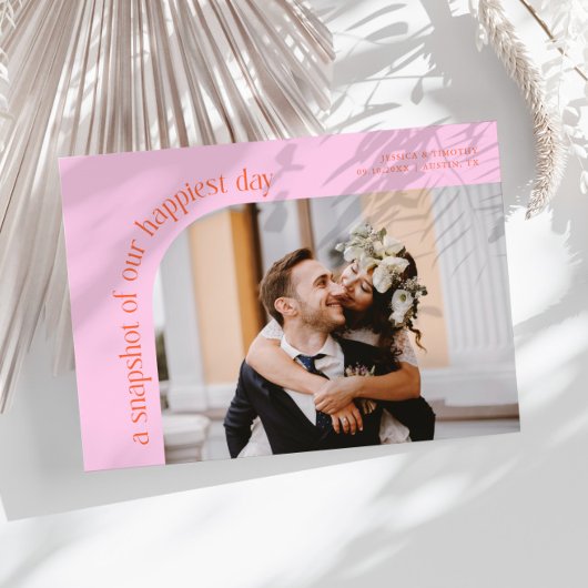 Snapshot Happiest Day Orange Pink Wedding Photo Bedankkaart