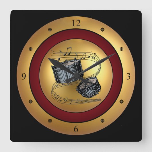 Snare Drums ~ Musical Scroll ~ Gold/maroon/Black ~ Vierkante Klok (Voorkant)