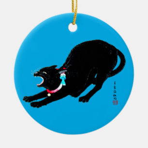 Snarling sissen zwart japans kat keramisch ornament