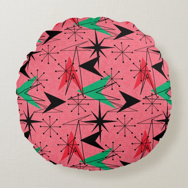 Snazzy Atomic Arrows en Starbursts Aqua Oranje Rond Kussen (Voorkant)