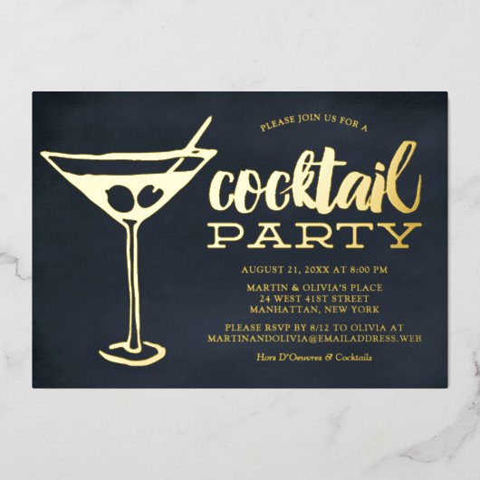 Snazzy Blauwe Martini Glas Cocktailparty Folie Uitnodiging (Voorkant)