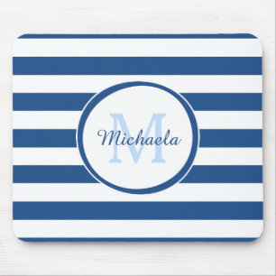 Snazzy Deep Blue Solid Stripes Name en Monogram Muismat