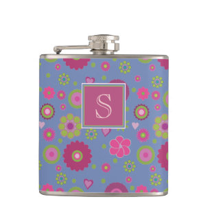 Snazzy Pink en Blue Flower Pattern Monogram Heupfles