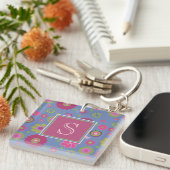 Snazzy Pink en Blue Flower Pattern Monogram Sleutelhanger (Voorkant Rechts)