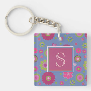 Snazzy Pink en Blue Flower Pattern Monogram Sleutelhanger