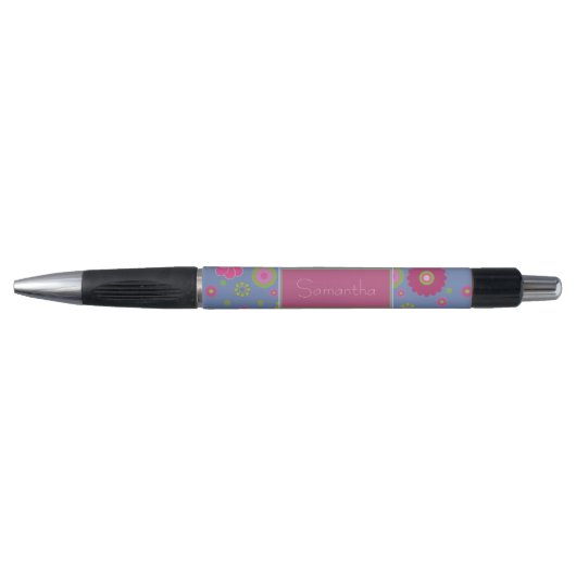 Snazzy Pink en Blue Flower Pattern Personalized Pen (Voorkant)