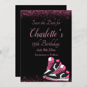 Sneaker verjaardag, roze glitter save the date (Voorkant / Achterkant)