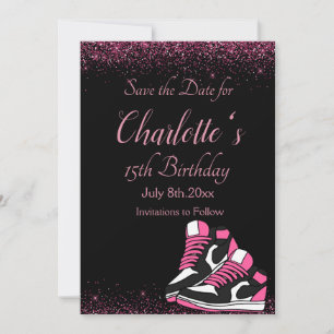 Sneaker verjaardag, roze glitter save the date