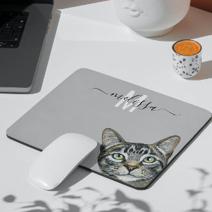 Sneaky Cat Monogram-naam in watercolor Muismat