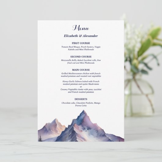 Sneeuw bedekt bergen landschap bruiloft menu (Staand voorkant)