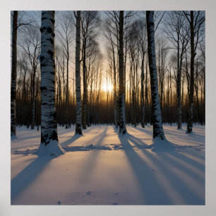 Sneeuw bedekt bos bij schemering poster
