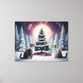 Sneeuw bedekt kerstboom met katten canvas afdruk