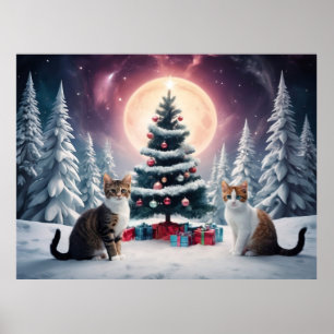 Sneeuw bedekt kerstboom met katten poster