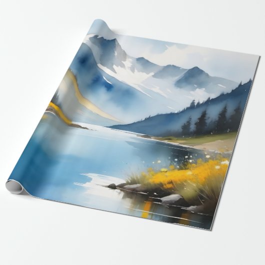 Sneeuw bedekte bergen en een meer cadeaupapier (Uitgerold)