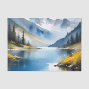 Sneeuw bedekte bergen en een meer tissuepapier