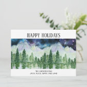 Sneeuw bedekte bergen pijnbomen meer nachttijd feestdagenkaart (Staand voorkant)