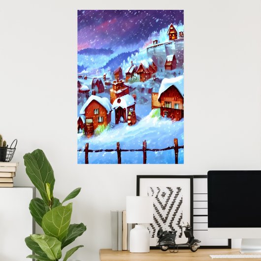sneeuw en winter in het dorp | AI Art Poster (Thuiskantoor)
