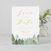 Sneeuw Evergreen Landschap Winter Save the Date Folie Uitnodiging (Staand Voorkant)