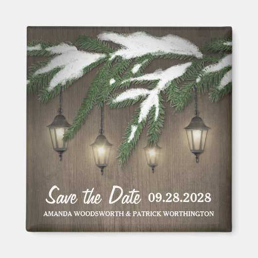 Sneeuw Evergreen Lantern Bruiloft Save the Date Magneet (Voorkant)