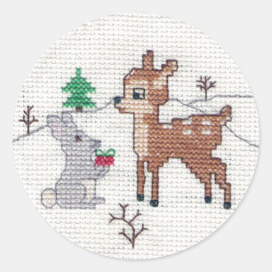 Sneeuw Fawn en bunny Cross Stitch Ronde Sticker