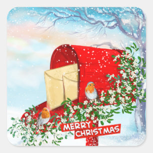 Sneeuw Kerst Vogels Rode Post Box Vierkante Sticke Sticker