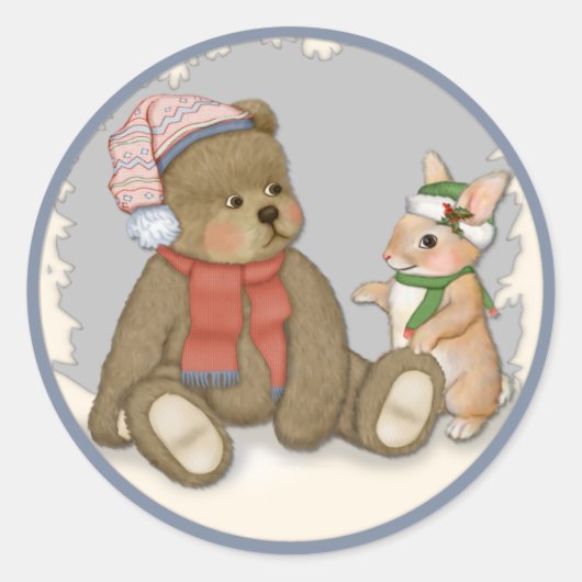 Sneeuw Kerstmis Teddy en Bunny Ronde Sticker (Voorkant)