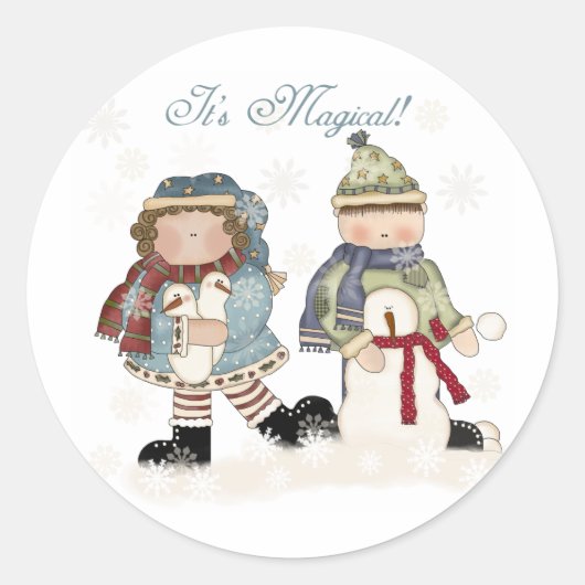 Sneeuw Magic Winter Bouwen Sneeuwmannen Ronde Sticker (Voorkant)