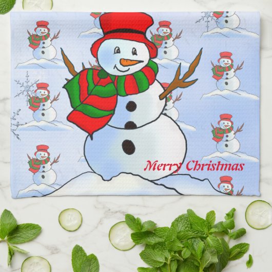 Sneeuw man op blauwe achtergrond en sneeuwvlokken theedoek (Gevouwen)