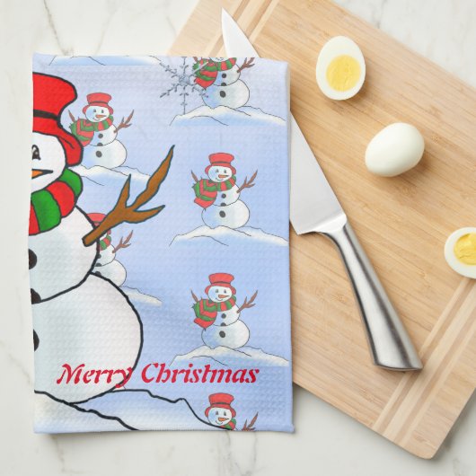Sneeuw man op blauwe achtergrond en sneeuwvlokken theedoek (Quarter Fold)