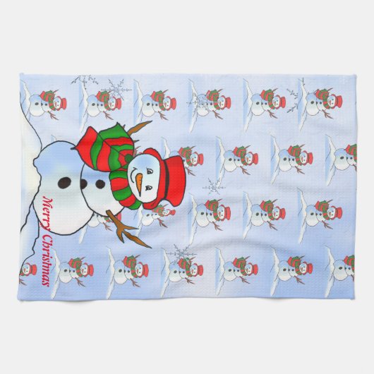 Sneeuw man op blauwe achtergrond en sneeuwvlokken theedoek (Horizontaal)