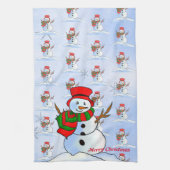Sneeuw man op blauwe achtergrond en sneeuwvlokken theedoek (Verticaal)