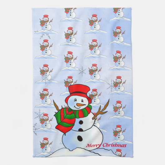 Sneeuw man op blauwe achtergrond en sneeuwvlokken theedoek (Verticaal)