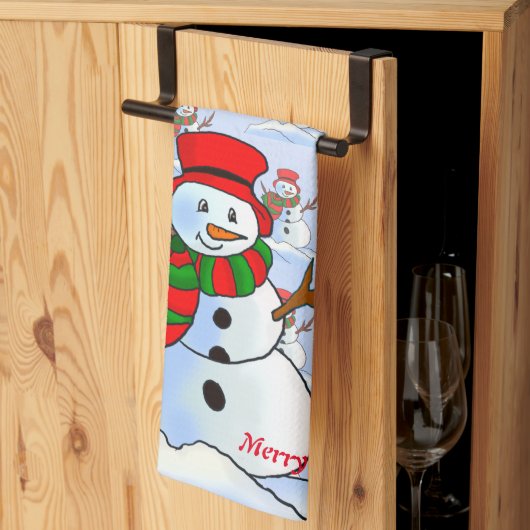 Sneeuw man op blauwe achtergrond en sneeuwvlokken theedoek (Derde Gevouwen)