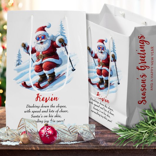 Sneeuw moderne ski Santa rood en wit Kerstmis Medium Cadeauzakje