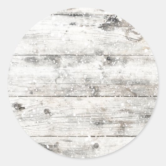 Sneeuw op Rustiek Wit Houten Comité | Vakantie Ronde Sticker (Voorkant)