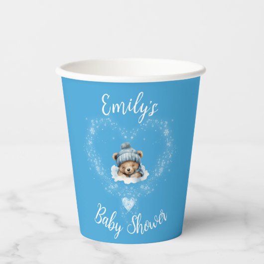 Sneeuw Opgewonden Blue Teddy Bear Baby shower Papieren Bekers (Voorkant)